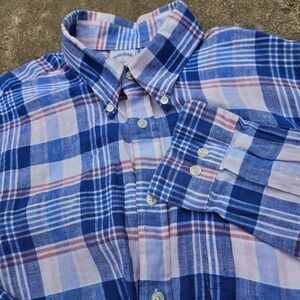 Linen Brooks Brothers Mens Large Red White Blue Plaid Shirt‎ Regular Fit Polo L